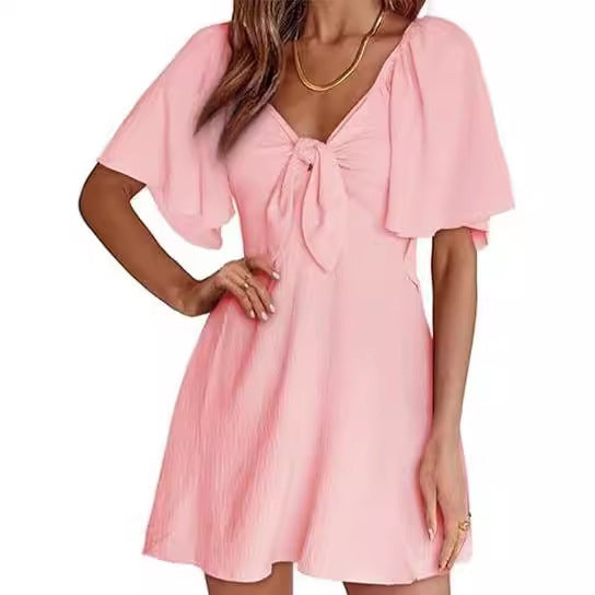 Women's V-neck Bow Tie Short Sleeve Dress