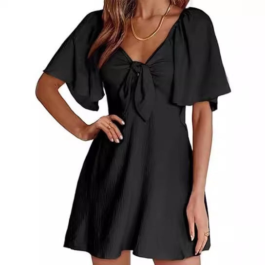 Women's V-neck Bow Tie Short Sleeve Dress