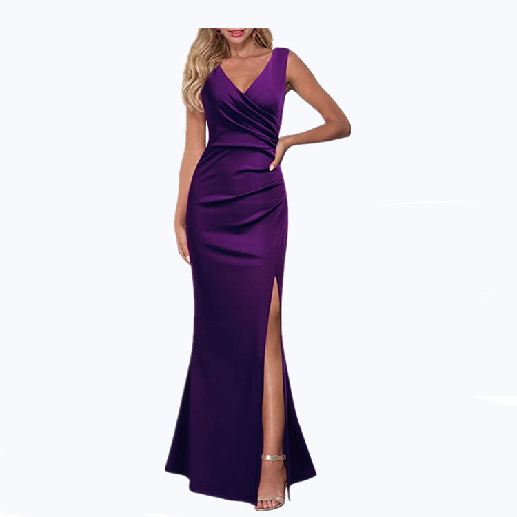 Solid Color Slim Fit Slimming Spaghetti Straps Split Long Dress