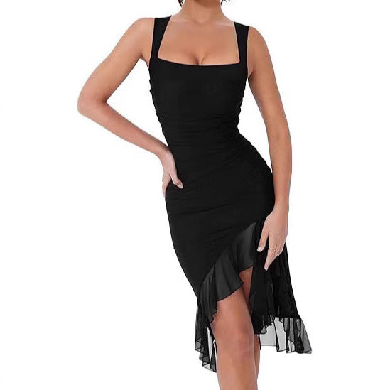 Women U-collar Slim Mesh Splicing Sling Dress