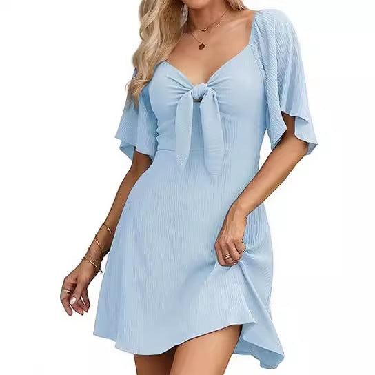 Women's V-neck Bow Tie Short Sleeve Dress