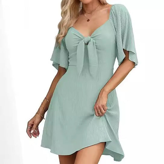 Women's V-neck Bow Tie Short Sleeve Dress