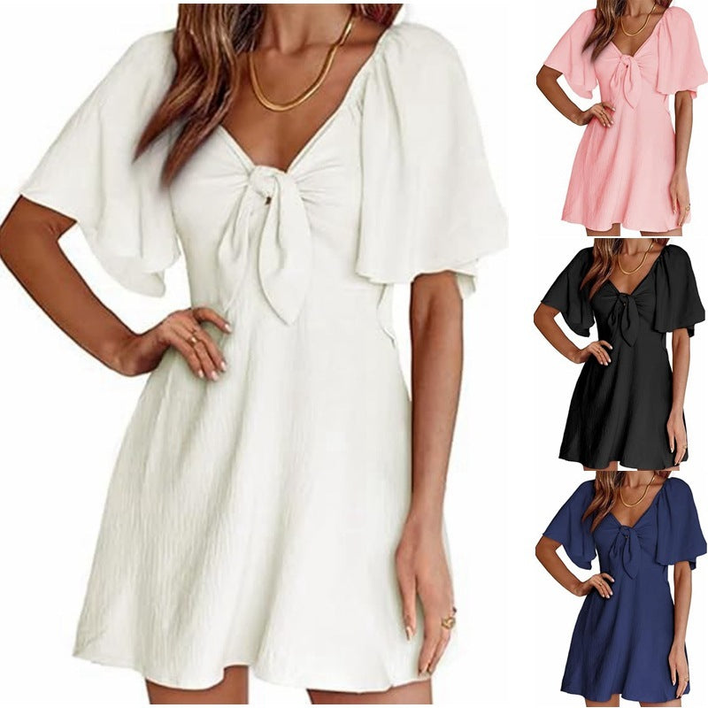 Women's V-neck Bow Tie Short Sleeve Dress