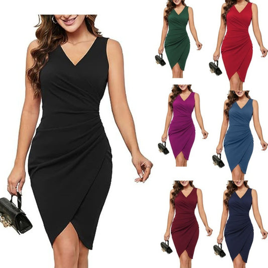 V-neck Sleeveless Artificial Wrap Pleated Tight Cocktail Party Dress