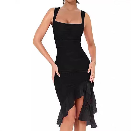Women U-collar Slim Mesh Splicing Sling Dress