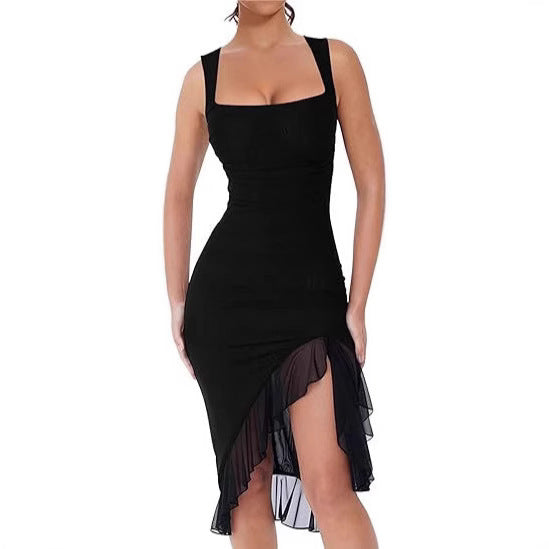 Women U-collar Slim Mesh Splicing Sling Dress