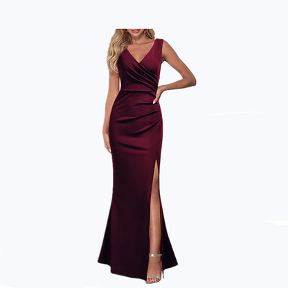 Solid Color Slim Fit Slimming Spaghetti Straps Split Long Dress