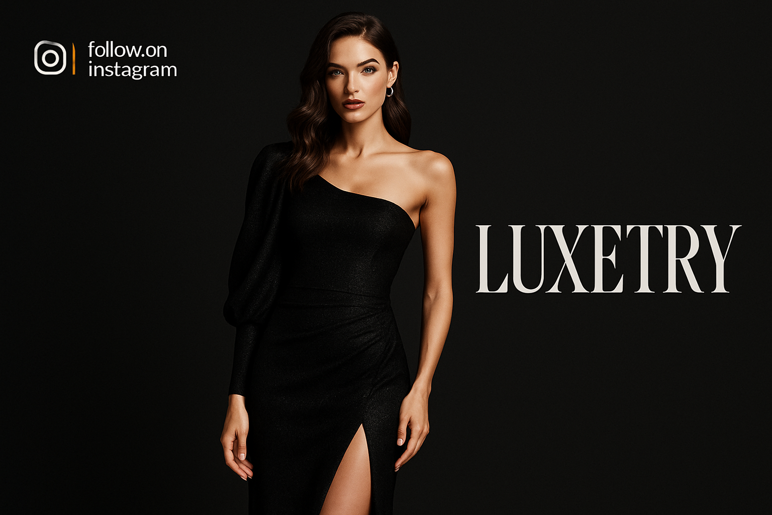 a women's showing her black party dress. background black. and left corner text (follow on Instagram)and the right corner text ( LUXETRY) and icon Instagram