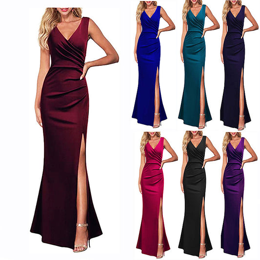 Solid Color Slim Fit Slimming Spaghetti Straps Split Long Dress
