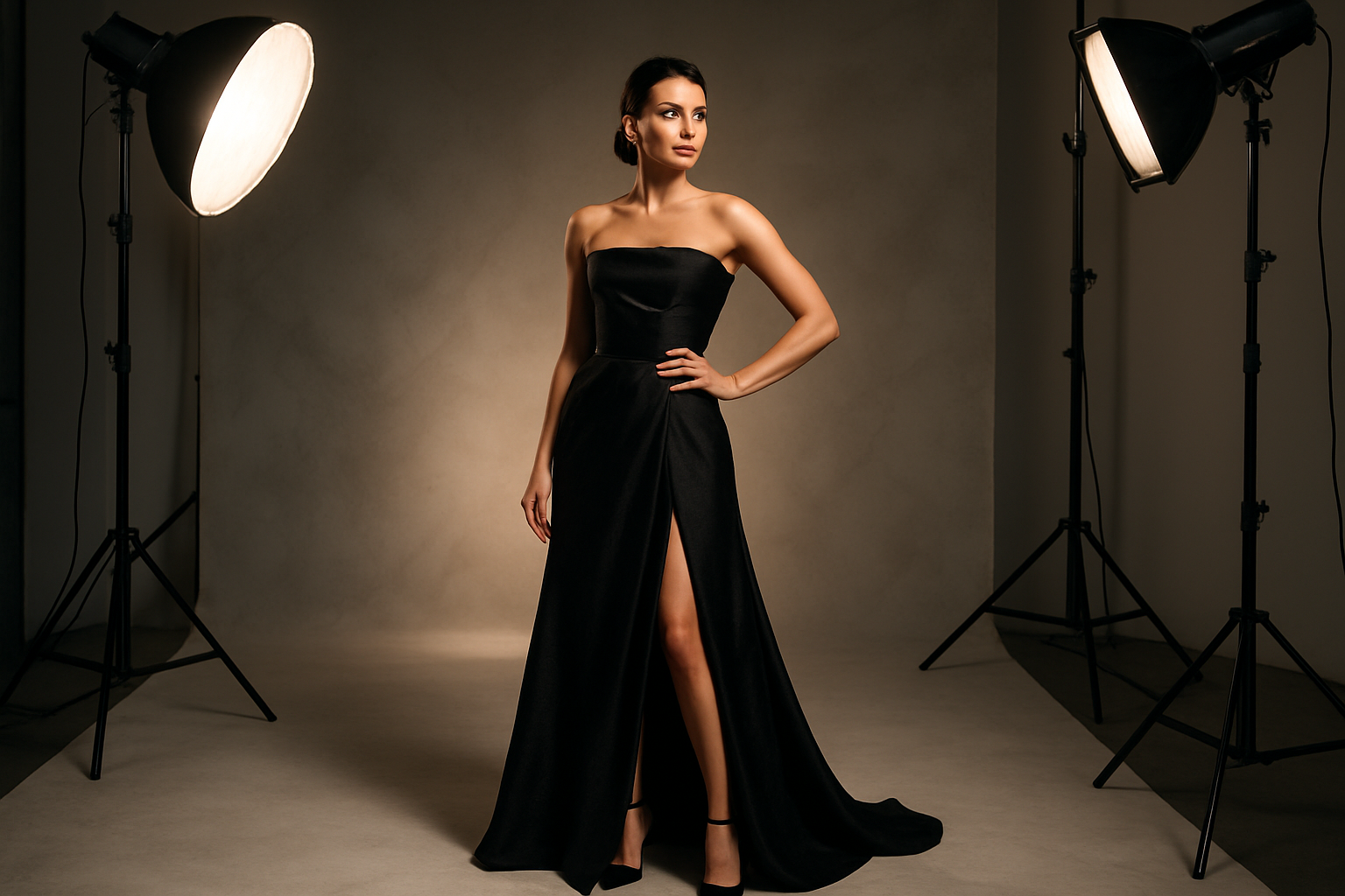 women showing her black luxury drees in the studio photoshoot style . background a required best matching studio like luxury photos    